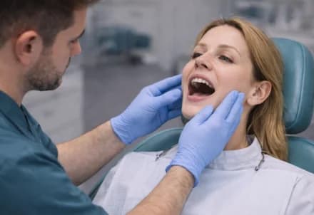 Odontoiatra che valuta con le mani l'articolazione della mandibola di una paziente